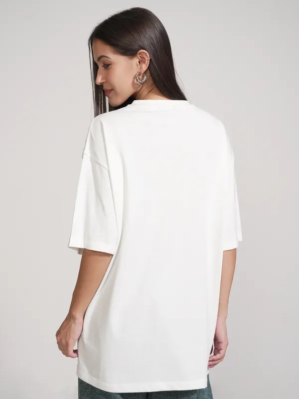Tokyo Talkies Women White Applique Round Neck Oversized Fit T-Shirt