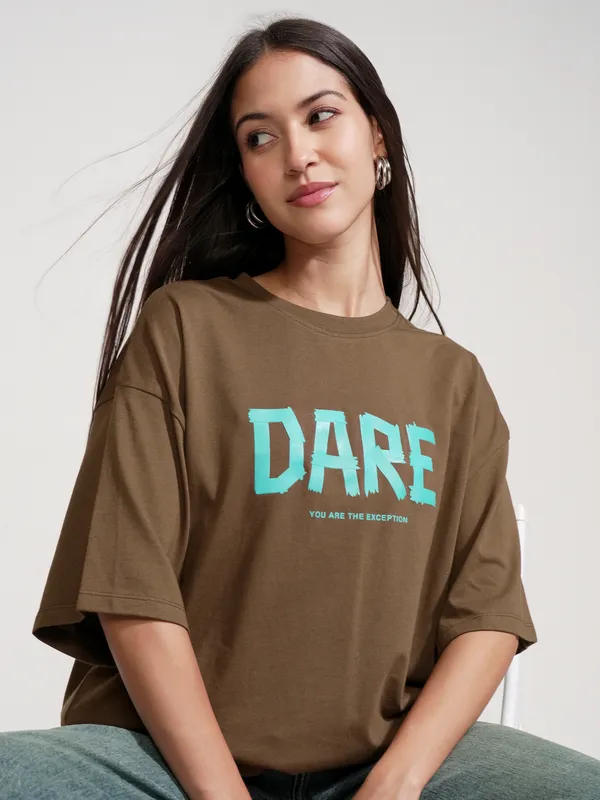 Tokyo Talkies Women Brown Printed Round Neck Oversized Fit T-Shirt