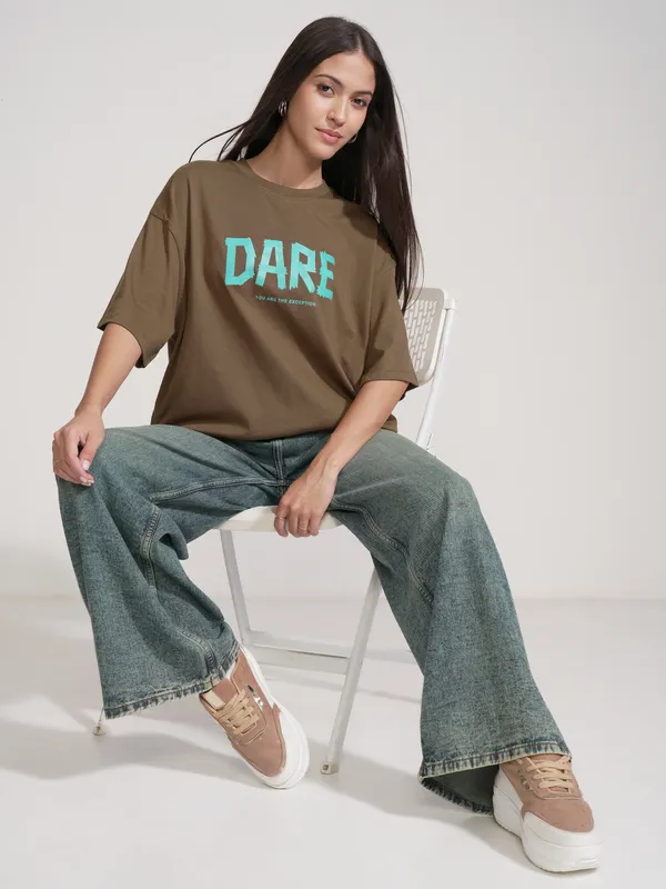 Tokyo Talkies Women Brown Printed Round Neck Oversized Fit T-Shirt