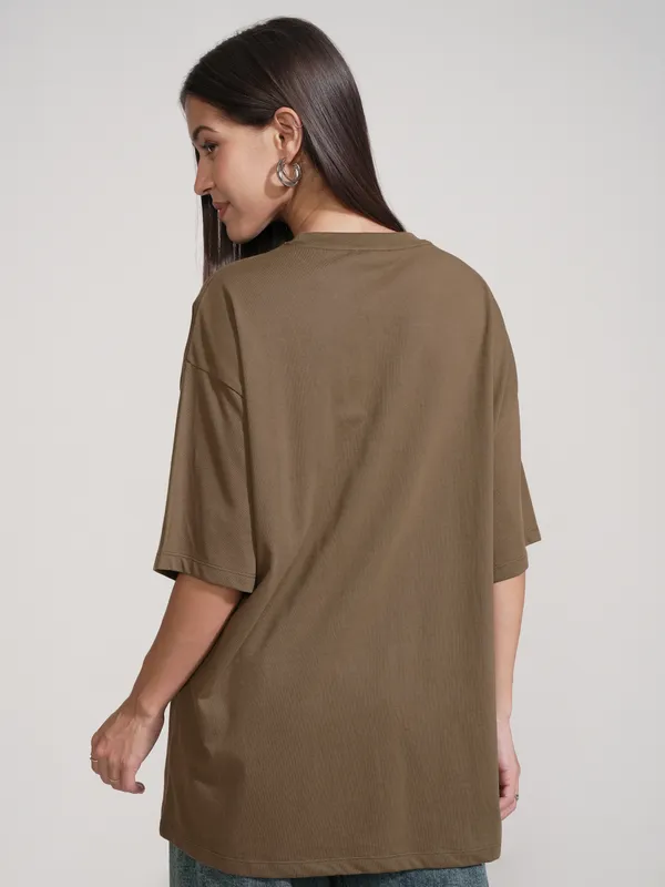 Tokyo Talkies Women Brown Printed Round Neck Oversized Fit T-Shirt