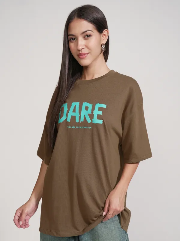 Tokyo Talkies Women Brown Printed Round Neck Oversized Fit T-Shirt