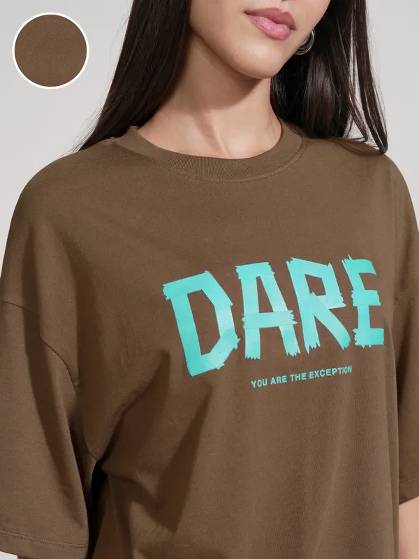 Tokyo Talkies Women Brown Printed Round Neck Oversized Fit T-Shirt