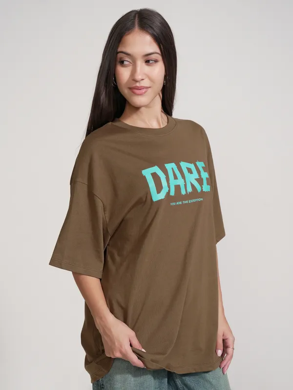 Tokyo Talkies Women Brown Printed Round Neck Oversized Fit T-Shirt