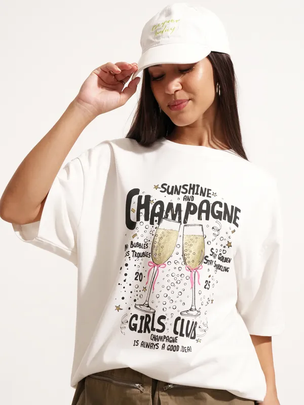 Tokyo Talkies Women White Printed Round Neck Oversized Fit T-Shirt