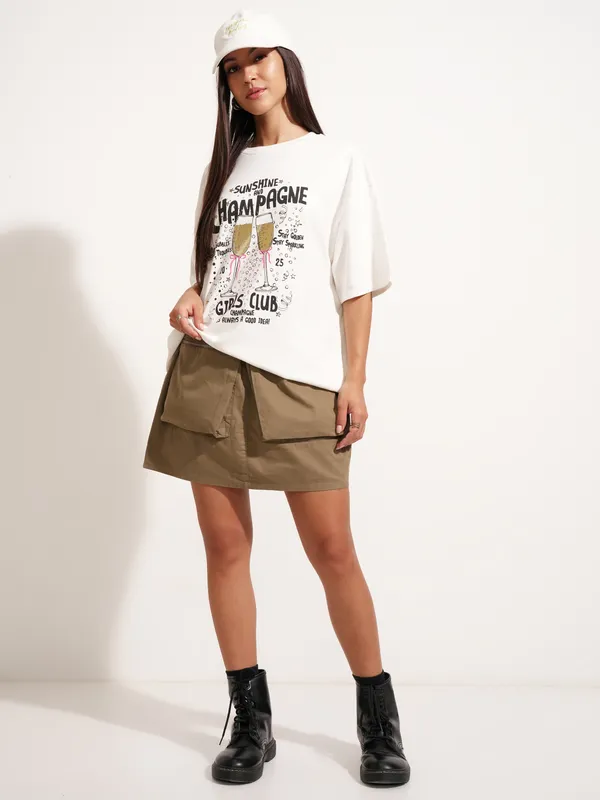 Tokyo Talkies Women White Printed Round Neck Oversized Fit T-Shirt