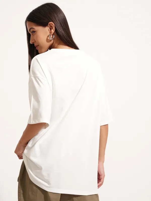 Tokyo Talkies Women White Printed Round Neck Oversized Fit T-Shirt