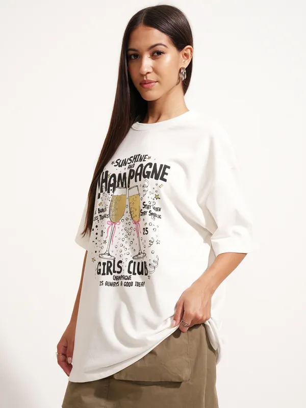 Tokyo Talkies Women White Printed Round Neck Oversized Fit T-Shirt