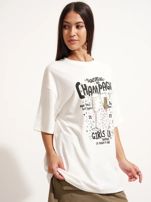 Tokyo Talkies Women White Printed Round Neck Oversized Fit T-Shirt