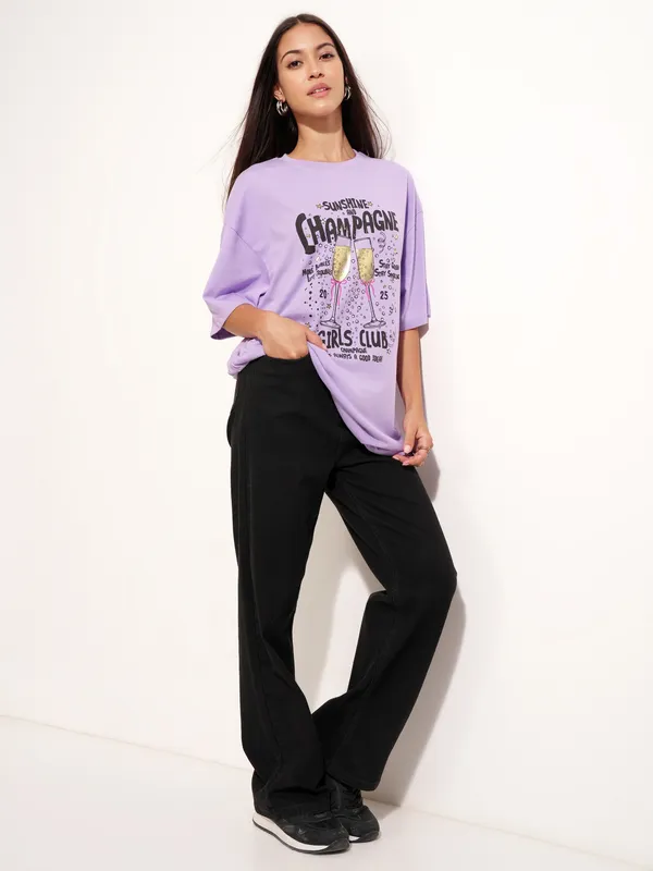 Tokyo Talkies Women Purple Printed Round Neck Oversized Fit T-Shirt