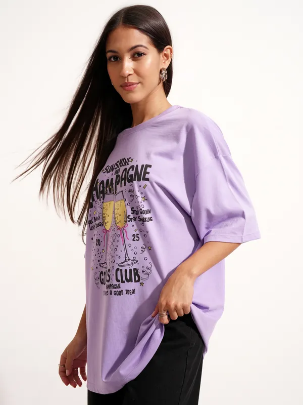 Tokyo Talkies Women Purple Printed Round Neck Oversized Fit T-Shirt