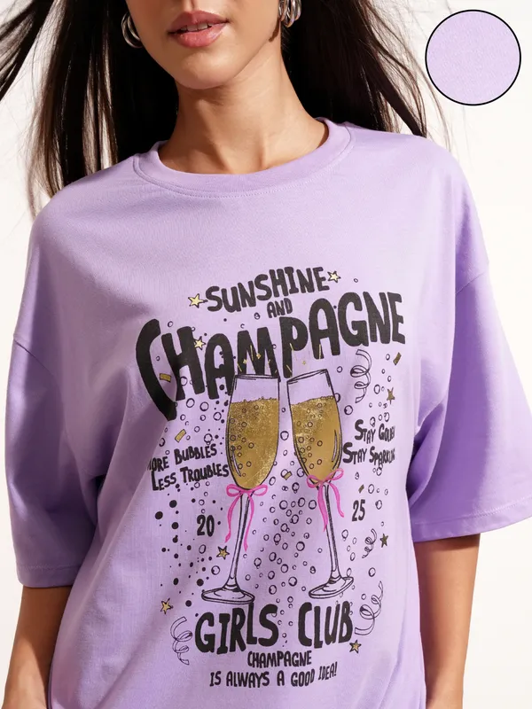 Tokyo Talkies Women Purple Printed Round Neck Oversized Fit T-Shirt