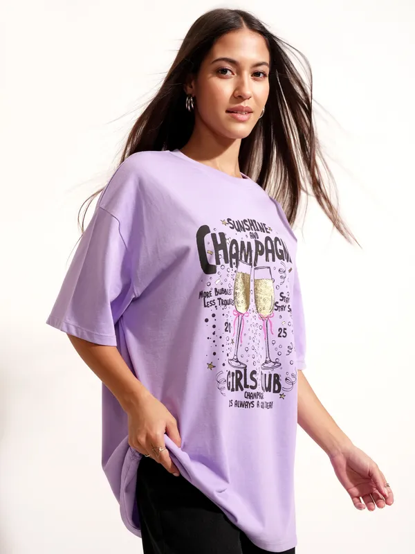 Tokyo Talkies Women Purple Printed Round Neck Oversized Fit T-Shirt