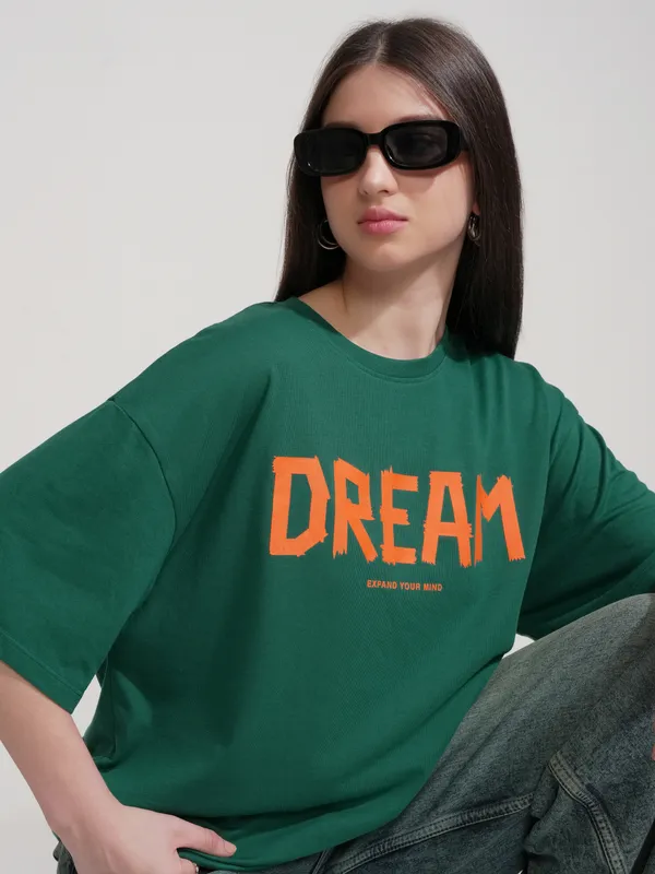 Tokyo Talkies Women Green Printed Round Neck Oversized Fit T-Shirt