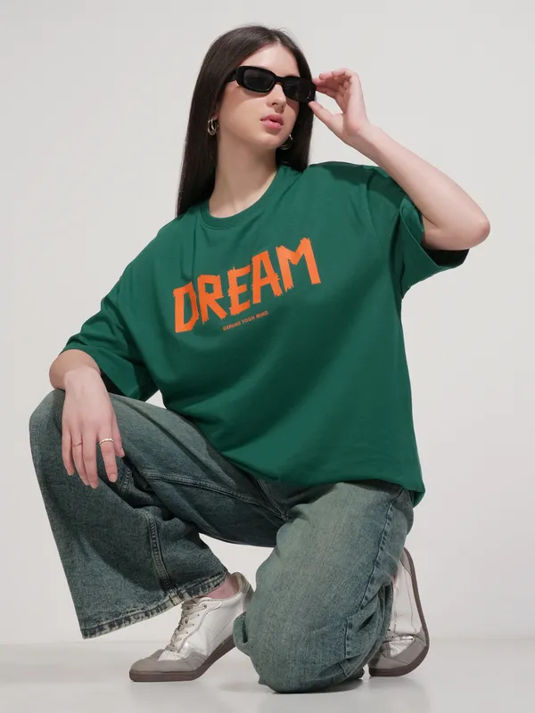 Tokyo Talkies Women Green Printed Round Neck Oversized Fit T-Shirt