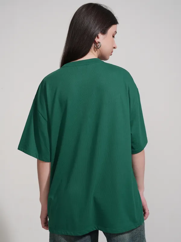 Tokyo Talkies Women Green Printed Round Neck Oversized Fit T-Shirt