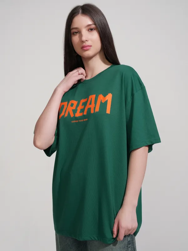 Tokyo Talkies Women Green Printed Round Neck Oversized Fit T-Shirt