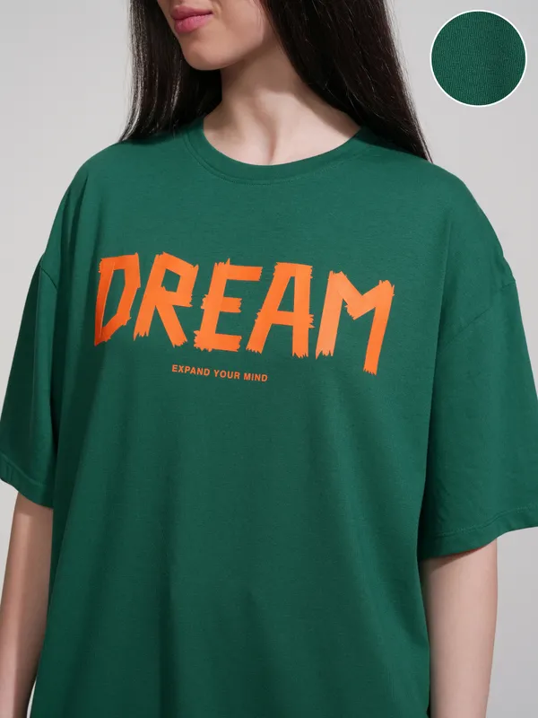 Tokyo Talkies Women Green Printed Round Neck Oversized Fit T-Shirt