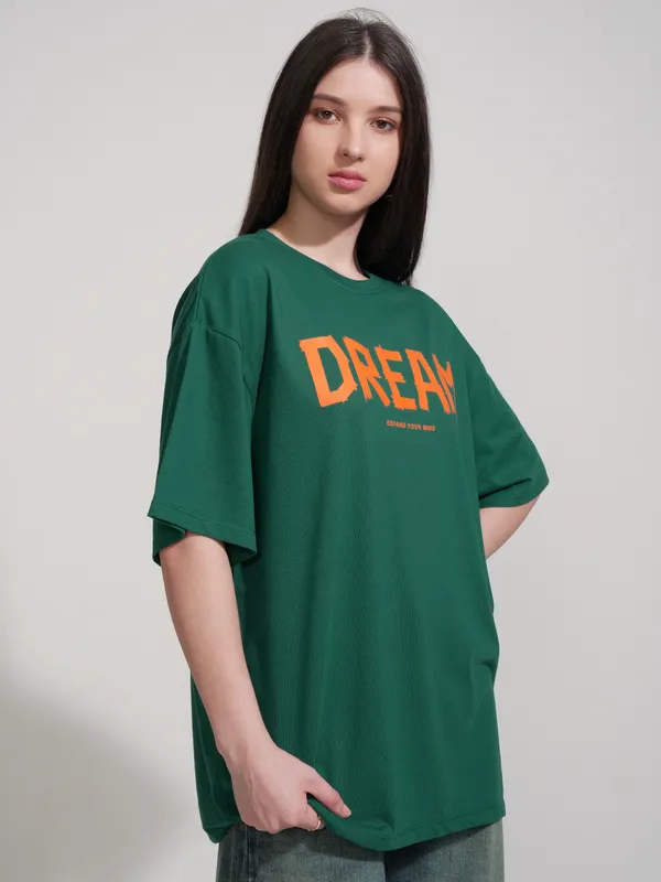 Tokyo Talkies Women Green Printed Round Neck Oversized Fit T-Shirt