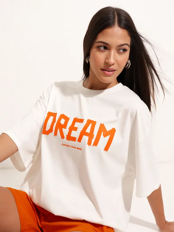 Tokyo Talkies Women White Printed Round Neck Oversized Fit T-Shirt