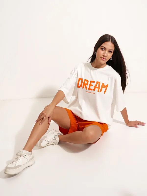 Tokyo Talkies Women White Printed Round Neck Oversized Fit T-Shirt