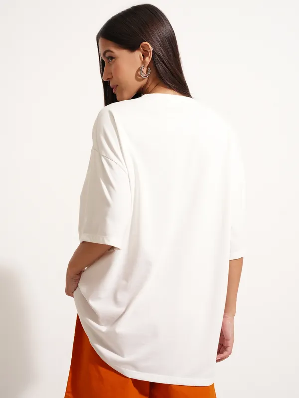 Tokyo Talkies Women White Printed Round Neck Oversized Fit T-Shirt