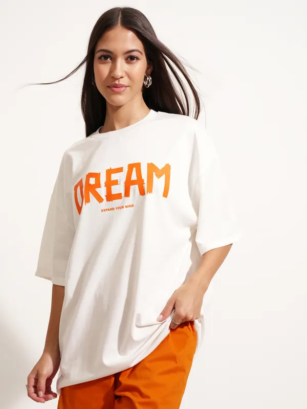 Tokyo Talkies Women White Printed Round Neck Oversized Fit T-Shirt