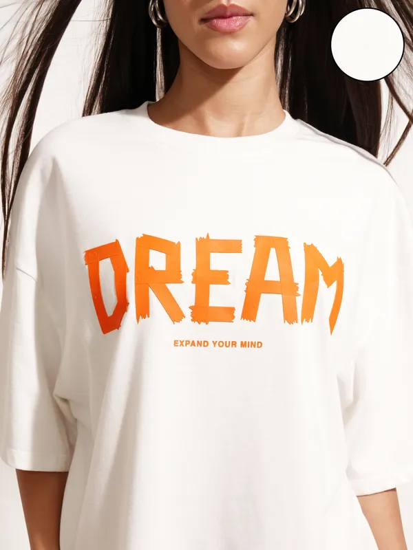 Tokyo Talkies Women White Printed Round Neck Oversized Fit T-Shirt