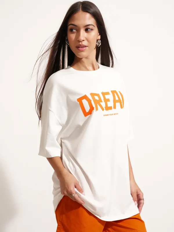 Tokyo Talkies Women White Printed Round Neck Oversized Fit T-Shirt