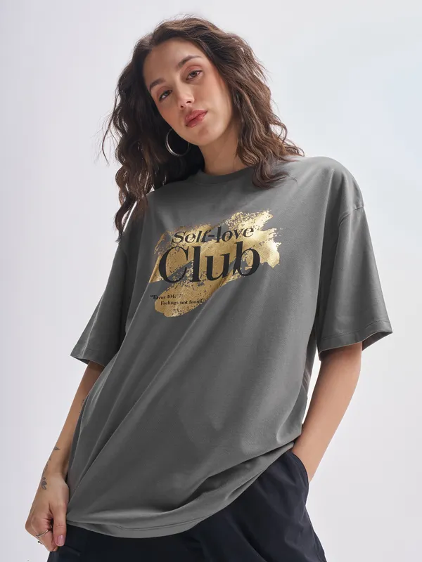 Tokyo Talkies Women Grey Printed Round Neck Oversized Fit T-Shirt