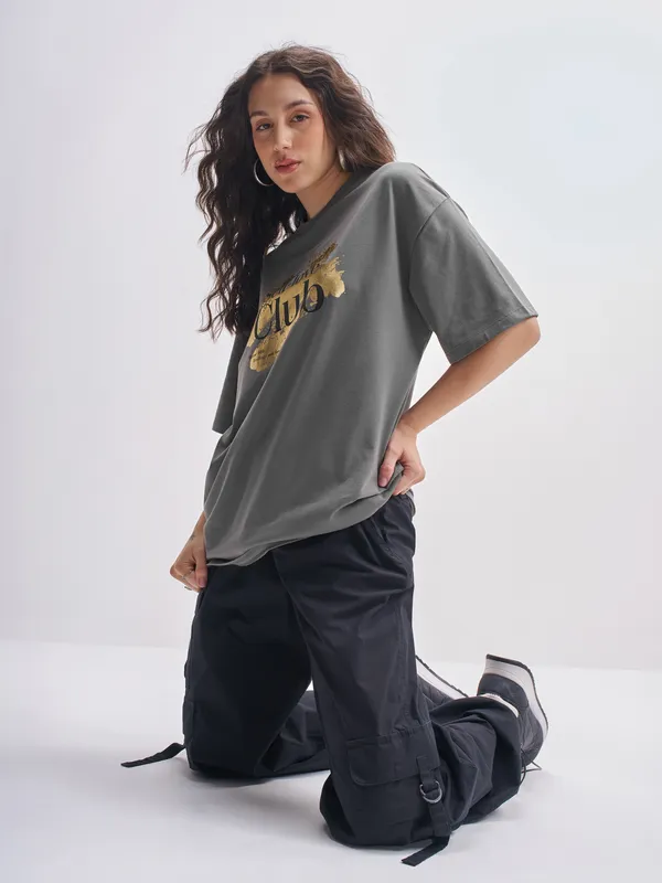 Tokyo Talkies Women Grey Printed Round Neck Oversized Fit T-Shirt