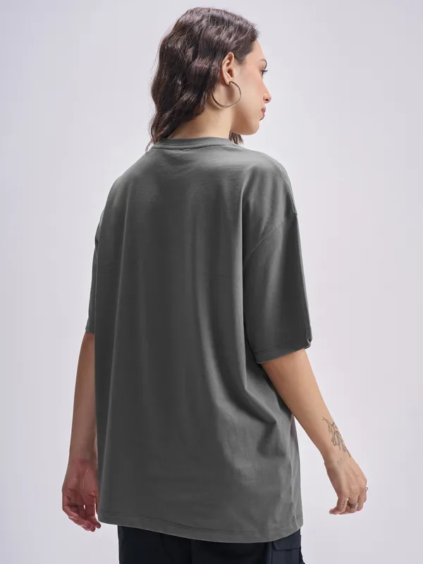 Tokyo Talkies Women Grey Printed Round Neck Oversized Fit T-Shirt