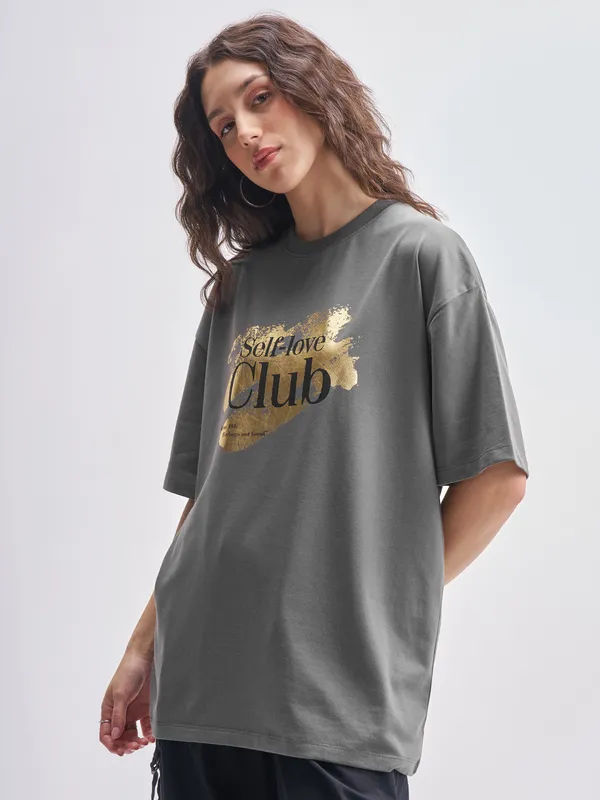 Tokyo Talkies Women Grey Printed Round Neck Oversized Fit T-Shirt