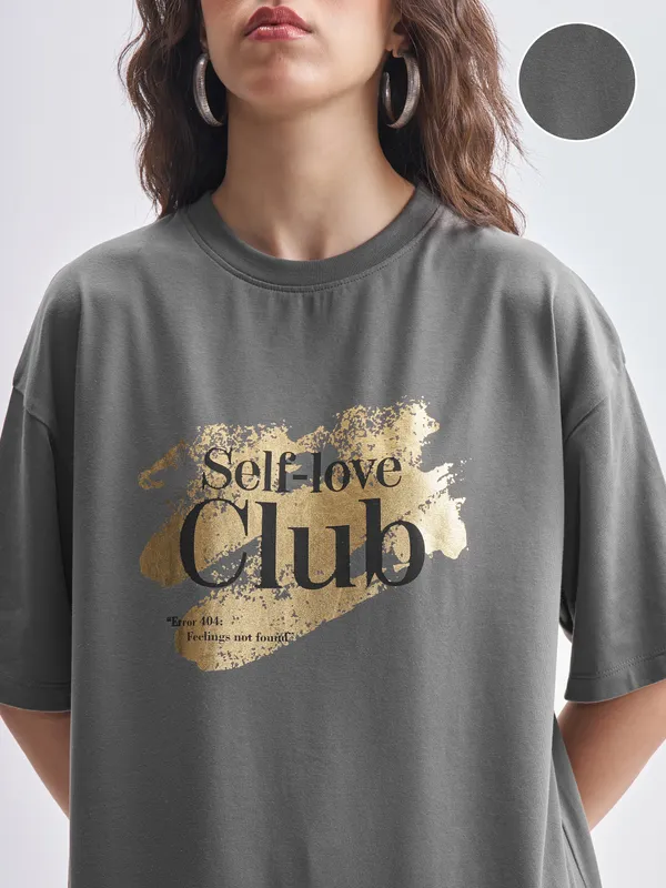 Tokyo Talkies Women Grey Printed Round Neck Oversized Fit T-Shirt