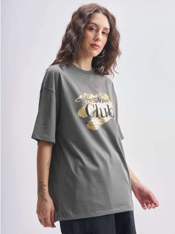 Tokyo Talkies Women Grey Printed Round Neck Oversized Fit T-Shirt