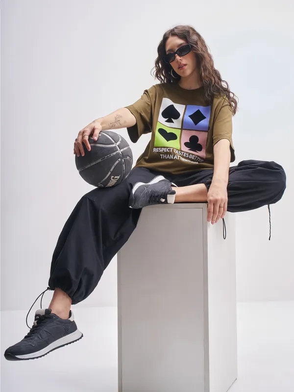 Tokyo Talkies Women Brown Printed Round Neck Oversized Fit T-Shirts