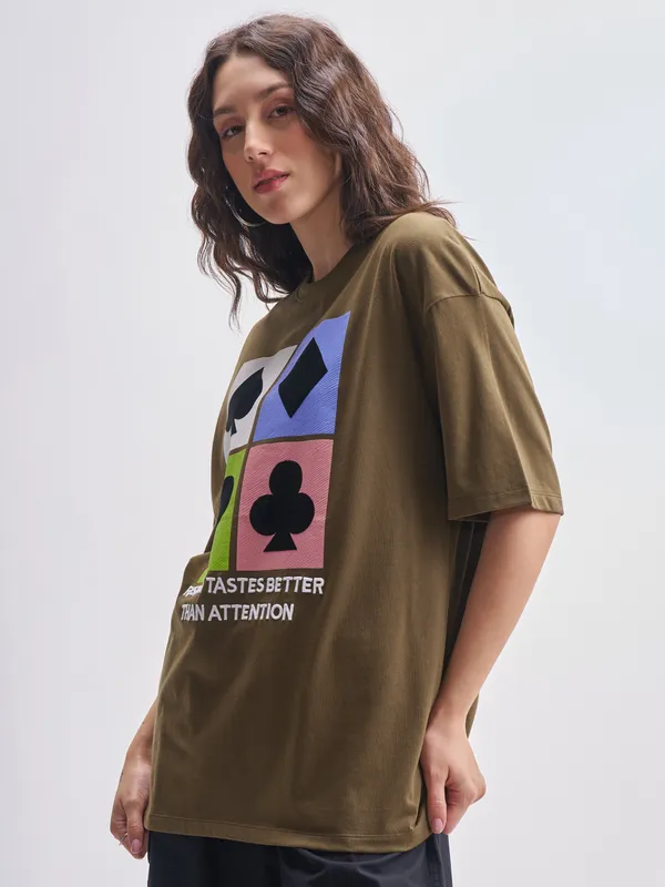 Tokyo Talkies Women Brown Printed Round Neck Oversized Fit T-Shirts