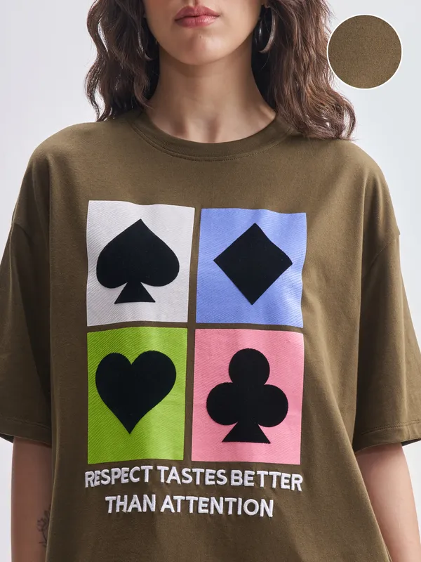 Tokyo Talkies Women Brown Printed Round Neck Oversized Fit T-Shirts