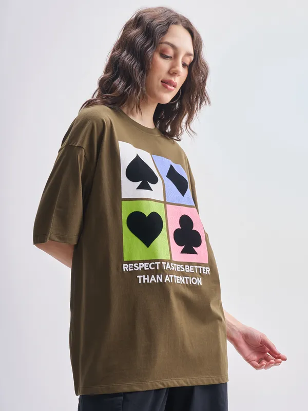Tokyo Talkies Women Brown Printed Round Neck Oversized Fit T-Shirts