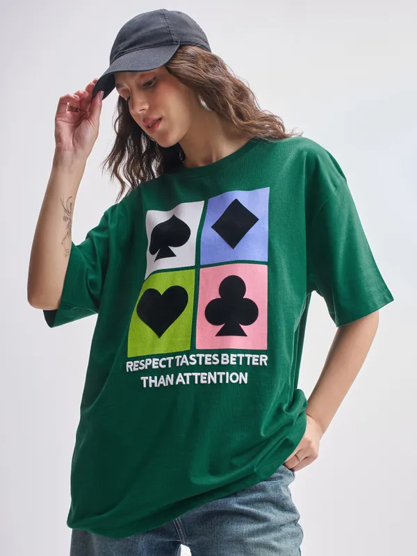 Tokyo Talkies Women Green Printed Round Neck Oversized Fit T-Shirt