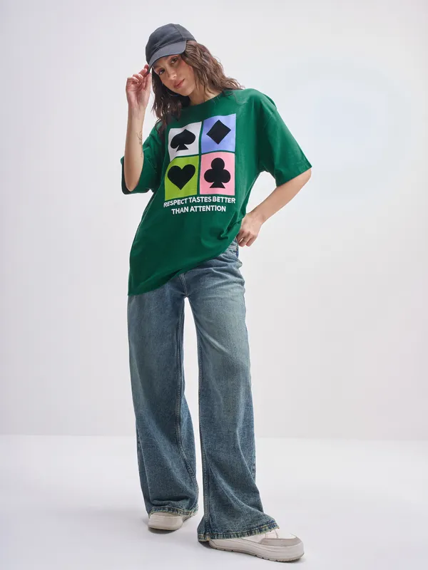 Tokyo Talkies Women Green Printed Round Neck Oversized Fit T-Shirt