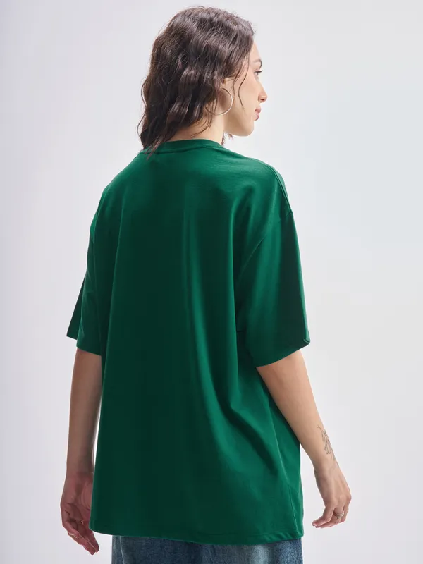 Tokyo Talkies Women Green Printed Round Neck Oversized Fit T-Shirt