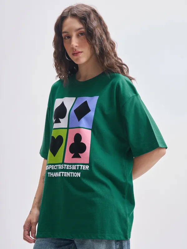 Tokyo Talkies Women Green Printed Round Neck Oversized Fit T-Shirt