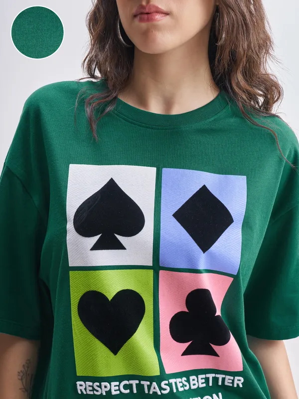 Tokyo Talkies Women Green Printed Round Neck Oversized Fit T-Shirt