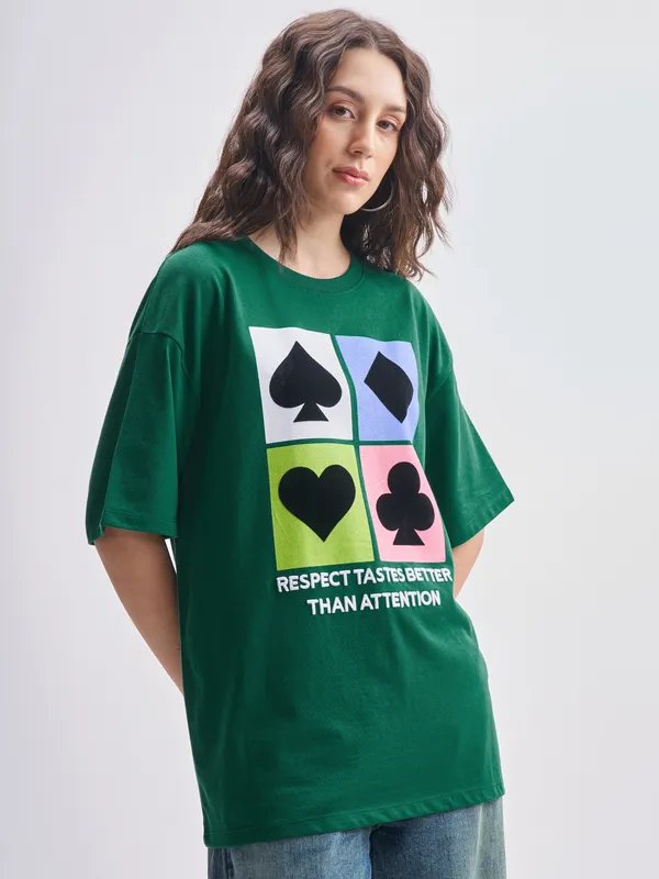 Tokyo Talkies Women Green Printed Round Neck Oversized Fit T-Shirt