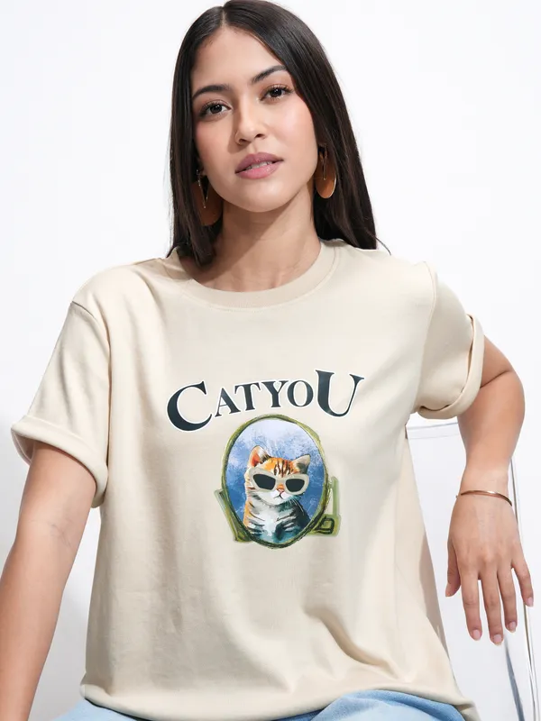 Tokyo Talkies Women Beige Printed Round Neck T-Shirt