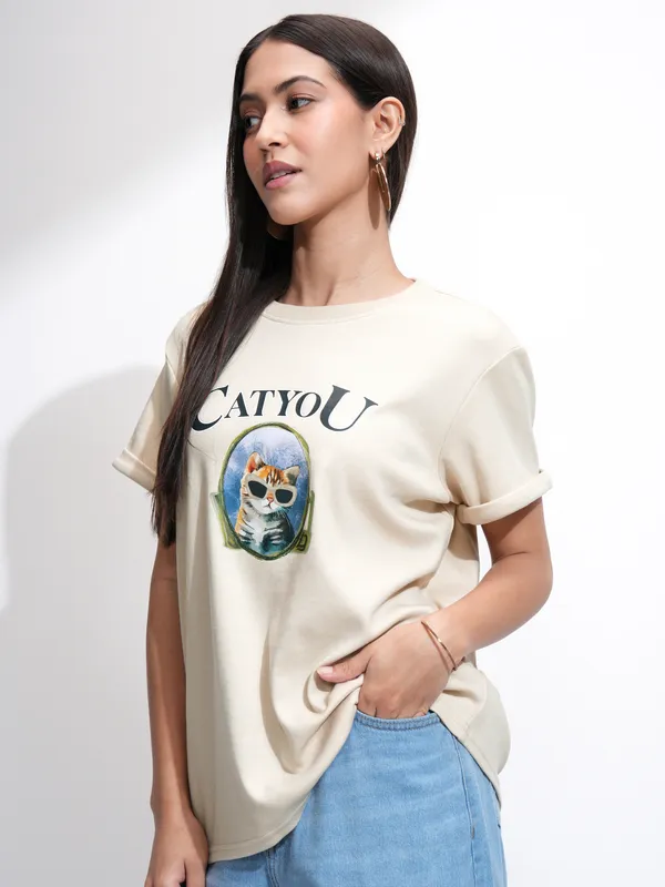 Tokyo Talkies Women Beige Printed Round Neck T-Shirt
