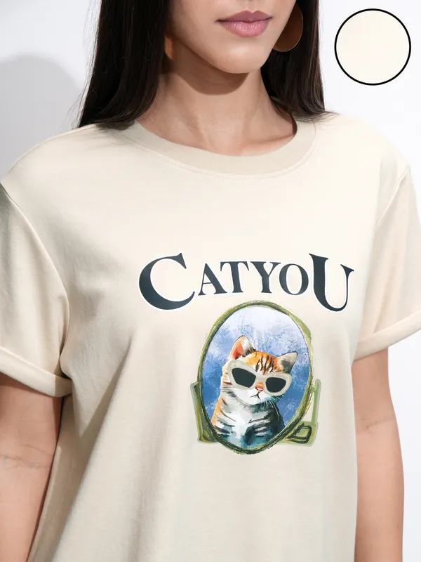 Tokyo Talkies Women Beige Printed Round Neck T-Shirt