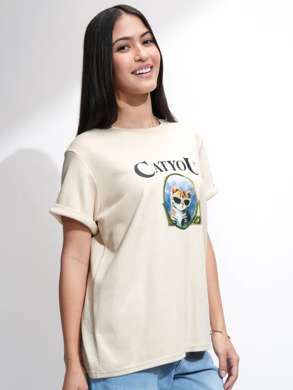 Tokyo Talkies Women Beige Printed Round Neck T-Shirt