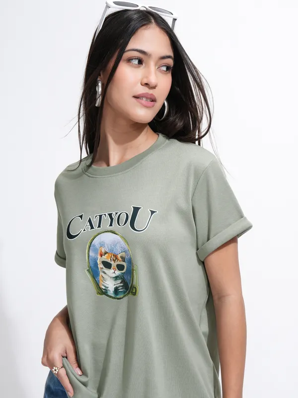 Tokyo Talkies Women Olive Printed Round Neck T-Shirt