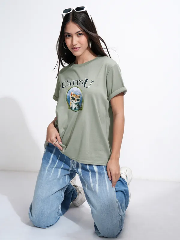 Tokyo Talkies Women Olive Printed Round Neck T-Shirt